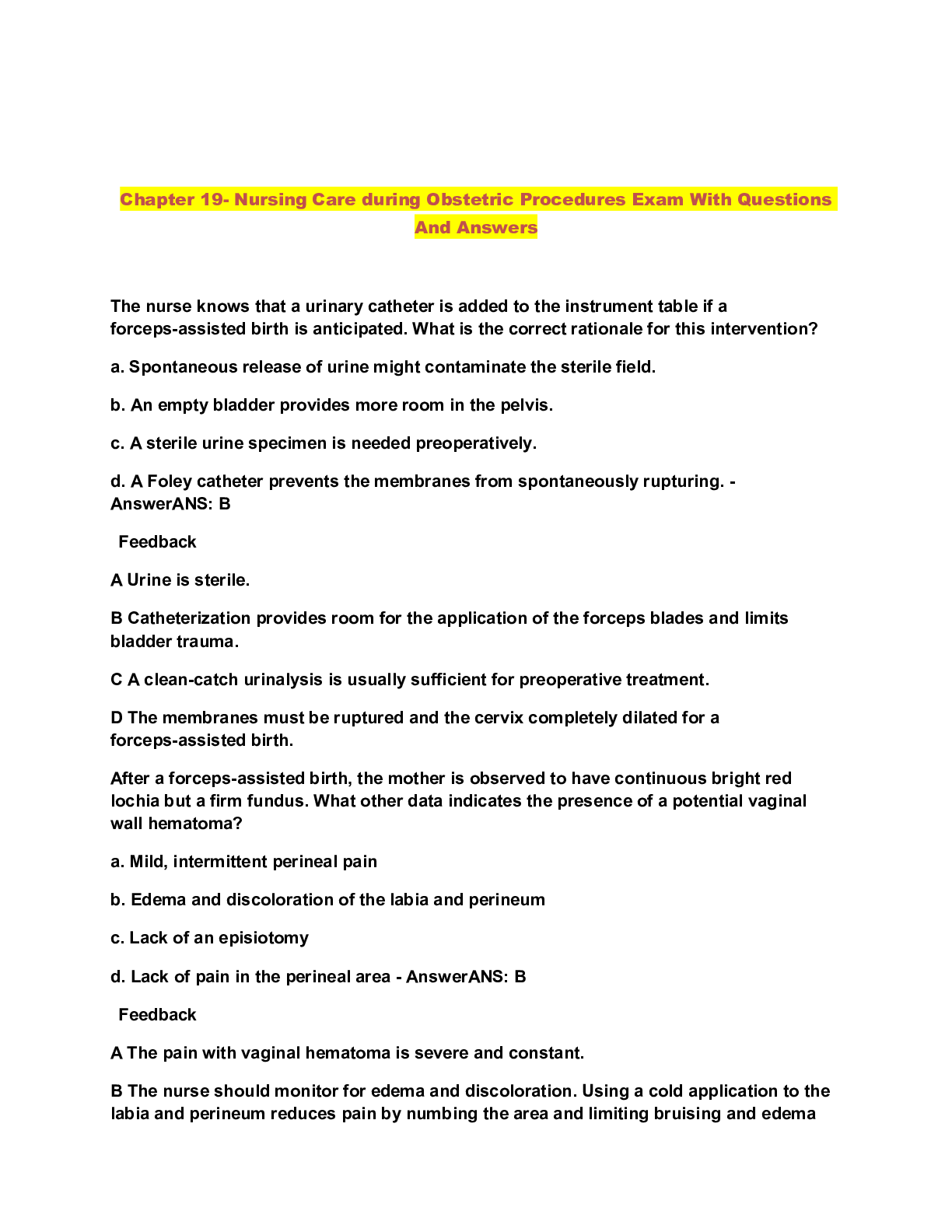 Preview of Chapter 19- Nursing Care during Obstetric Procedures Exam With Questions And Answers